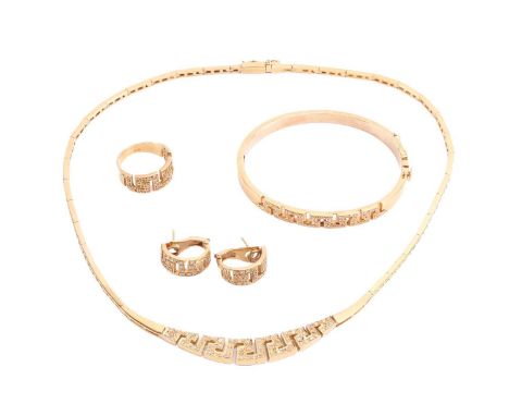 A suite of diamond jewellery featuring a Greek Key design, comprising a necklace measuring 42cm in length, bangle with a diam