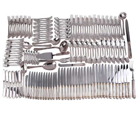 A Christofle "Aria" loose canteen of silver-plated flatware for twelve places with gold-plated bands, the canteen comprising: