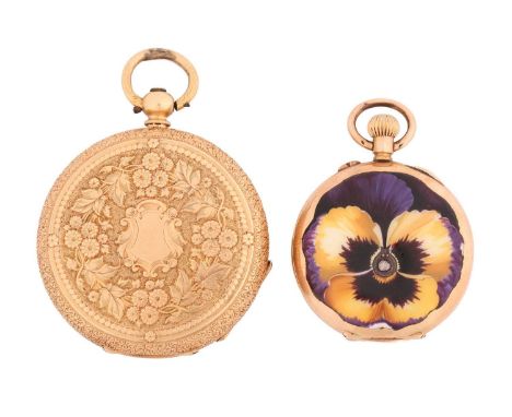 An enamel floral pocket fob watch and another open-face pocket watch. The first open-face fob watch features a keyless wound 