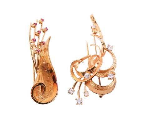 Two gem-set brooches; the first comprises a textured and scrolled ribbon motif, interspaced with brilliant-cut diamond accent