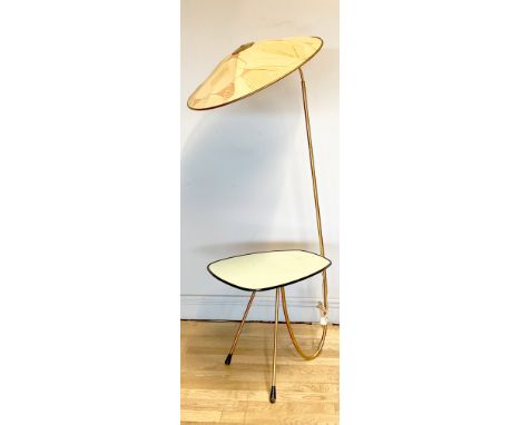 A 1950's lamp and table, fabric shade with leaf decoration, brass fittings 60cm shade diameter, melamine table top on brass l