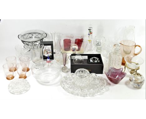 A collection of glassware to include a five piece lemonade set, art glass vases together with a selection of lead crystal dri