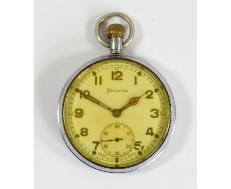 Helvetia, a base metal British Military open face pocket watch, case engraved GS/TP, P79597 broad arrow 