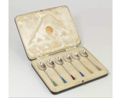 An Art Deco silver and polychrome enamel set of six tea spoons, by Cooper Bros., Sheffield 1935, retailed by James Bonar &amp