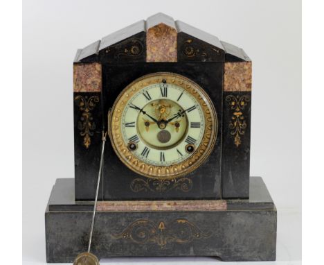 A Victorian slate &amp; marble mantle clock, circa 1870s, having coloured marble insets with inlaid floral decoration, enamel