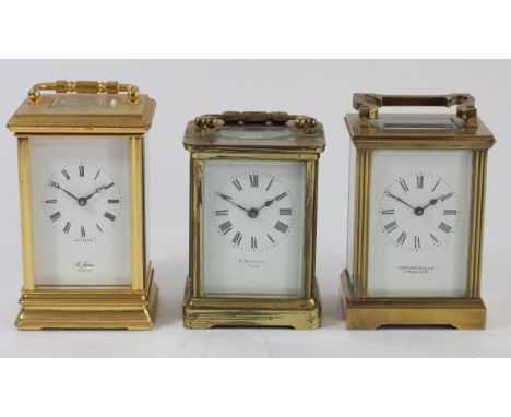 Three brass cased manual wind carriage clocks, enameled dials bearing the names - A.Pattorini Paris, St James London and Garr