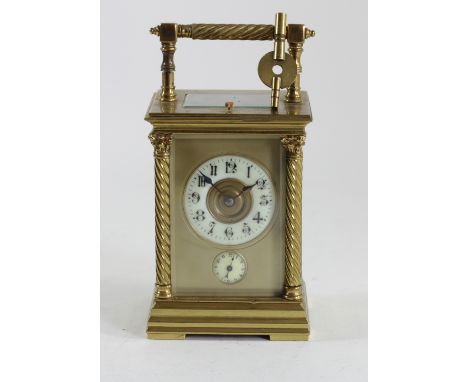 A gilt brass repeating, half and full hour striking, alarm carriage clock, brass dial with ivorine chapter ring, Arabic numer