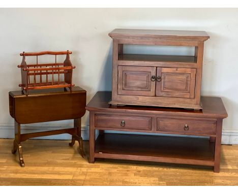 A mahogany coffee table, two drawers over a shelved base, ring pull handles, 100cm x 50cm x 60cm, a mahogany TV stand, shelf 