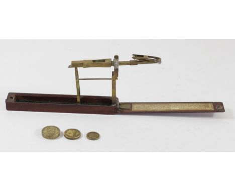 A mahogany cased brass folding coin scale, by R Brown &amp; Sons, mid-19th century, impressed maker's mark and internal print