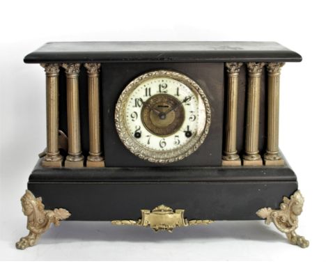 The Russell, E. Ingraham, Bristol, U.S.A., a late 19th century American ebonised (Japaned) wood and gilt metal mantel clock, 