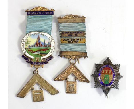 Three silver and enamel Masonic jewels, including Cheam Village Lodge number 6394, London 1953, 95gm 