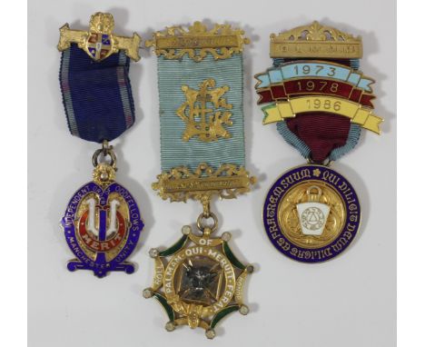 Three silver gilt and enamel Oddfellows medals, 97gm, cases 