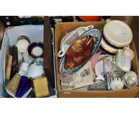 2 BOXES CONTAINING MIXED CERAMICS, CRYSTAL &amp; GLASS WARE, CARLTON WARE DISH, DESSERT DISHES, DINNER WARE, GILT CLOCK ETC  