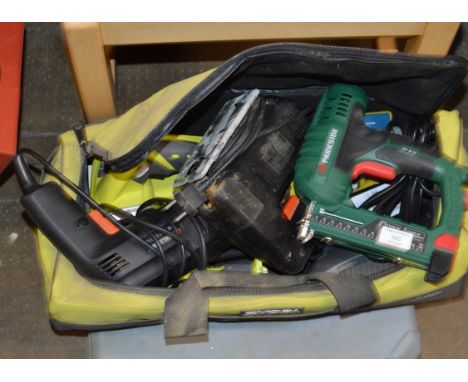 BAG &amp; BOX WITH VARIOUS POWER TOOLS     