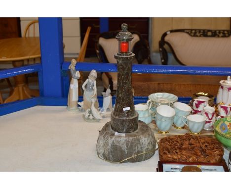 VINTAGE CORNWALL CARVED STONE LAMP IN THE SHAPE OF A LIGHTHOUSE     