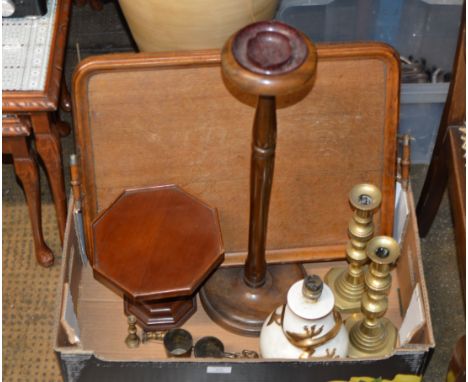BOX WITH SMOKERS STAND, WOODEN SERVING TRAY, CANDLE STICKS, LAMP BASE, BEAKERS ETC     
