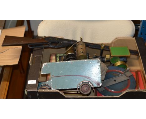 BOX WITH NOVELTY TOY GUN, STEAM ENGINE MODELS, OLD TOY TRUCK ETC     