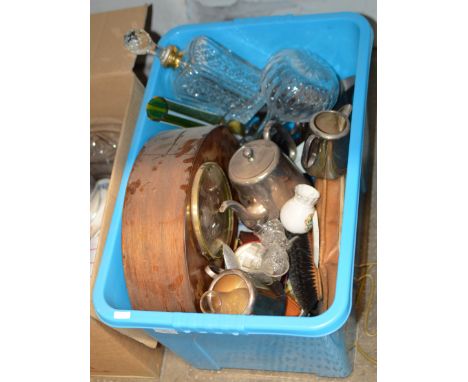 BOX CONTAINING VARIOUS MANTLE CLOCKS, VARIOUS TEA POTS, VARIOUS TRAVEL CLOCKS, CUTLERY, DECANTERS, GLASS VASES, SMALL PARAFFI