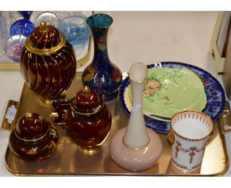 TRAY WITH GENERAL CERAMICS, VARIOUS PIECES OF CARLTON WARE PORCELAIN, HANCOCK &amp; SONS POTTERY VASE, DECORATIVE DISH ETC   