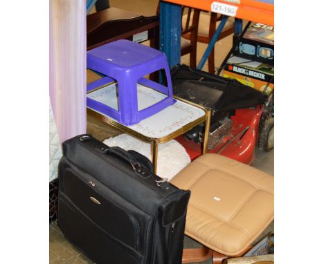 2 TIER TROLLEY, CARRY CASE, HEATER, SET OF WINTER DYKES, CURTAIN POLE, PADDED FOOT STOOL, CUSHION, IRONING BOARD &amp; STEP S