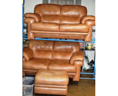 3 PIECE TAN LEATHER LOUNGE SUITE COMPRISING 2 X 2 SEATER SETTEES &amp; FOOT STOOL     
