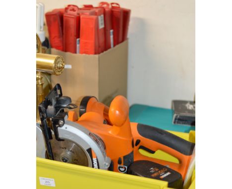 BOX WITH POWER TOOLS &amp; BOX WITH VARIOUS WARNING TRIANGLES     