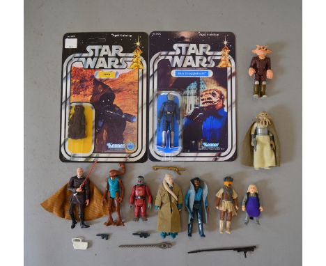 Kenner Star Wars: Jawa on reproduction 12 back card; custom made blue Snaggletooth on reproduction card; eight assorted figur