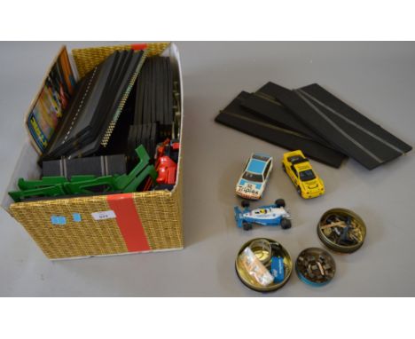 Scalextric 3 x 1980's cars together with Tri-ang track sections & some spare parts. Overall F Rear wing detached to Elf car, 