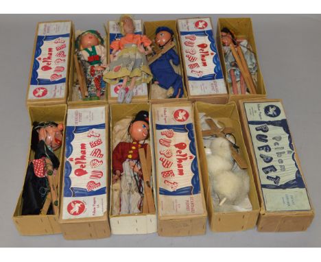 12 x vintage Pelham Puppets, all boxed together with one other puppet.