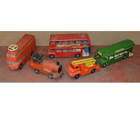 5 Triang pressed steel and plastic models: 3 buses, a train and a fire engine [COLLECTION ONLY] [IN WAREHOUSE]
