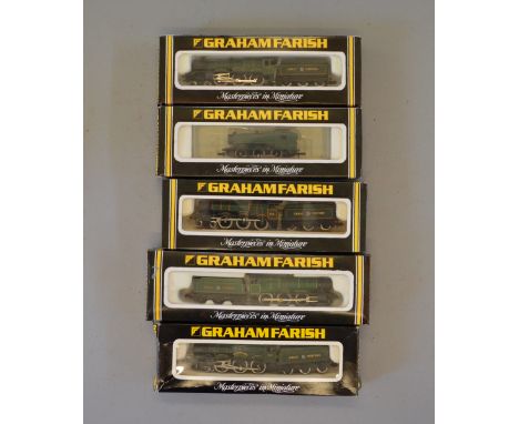 N Gauge. 6 x Graham Farish GWR locomotives. Hall, Castle & 94xx classes. All G/VG boxed.