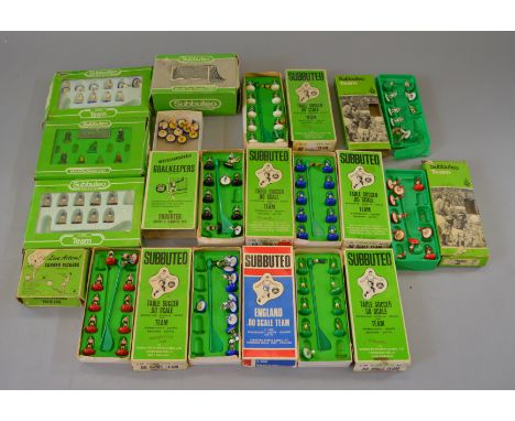 Subbuteo. 10 x boxed teams, some incomplete with some glue repairs, together with associated accessories. Overall F