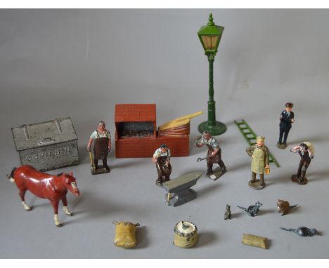 Quantity of John Hill & Co figures: Blacksmith set, includes forge with bellows, anvil, crouching blacksmith, two different s