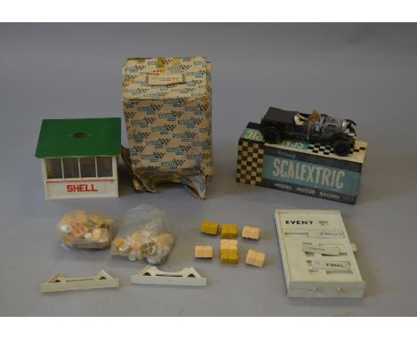 Scalextric Vintage Car Racing Bentley C.64 in black (sd) with box together with Event board accessory and Shell hut.
