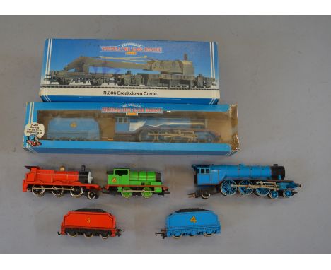 OO Gauge. Hornby. The Friends Of Thomas The Tank Engine. 4 x locomotives together with breakdown crane. Some damage to unboxe