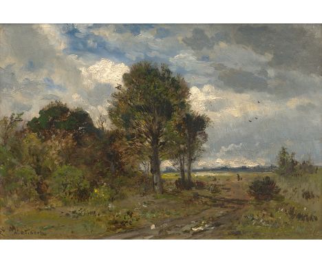   Buchholz, Karl: Am Waldrand bei Weimar  Am Waldrand bei Weimar.  Öl auf Malkarton. 21 x 31,5 cm. Unten links signiert "K. B