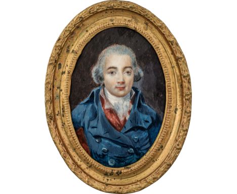 Isabey, Jean-Baptiste - Schule: Miniatur Portrait eines jungen Mannes mit gepuderter Perücke, in blauer Jacke und roter West