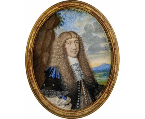   Deutsch: um 1670. Miniatur Portrait eines Mannes mit hellbrauner Allongeperücke, vor Landschaftshintergrund  um 1670. Minia