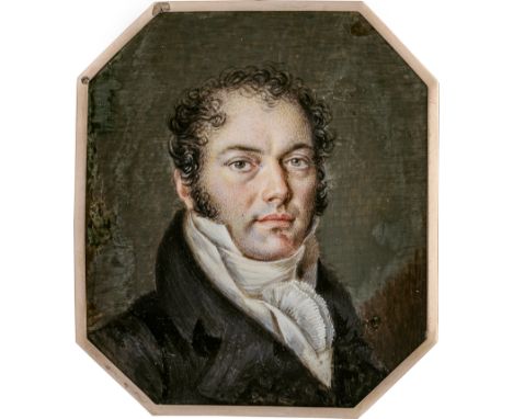  Russisch: um 1820. Miniatur Portrait eines jungen Mannes in dunkelgrauer Jacke über weißer Weste um 1820. Miniatur Portrait 