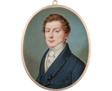  Tangermann, Christian - zugeschrieben: Miniatur Portrait eines jungen Mannes in blauer Jacke und weißer Weste zugeschrieben.