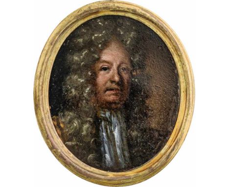   Deutsch: um 1690/1700. Miniatur Portrait eines Mannes mit Allongeperücke, in goldfarbigem Gewand  um 1690/1700. Miniatur Po