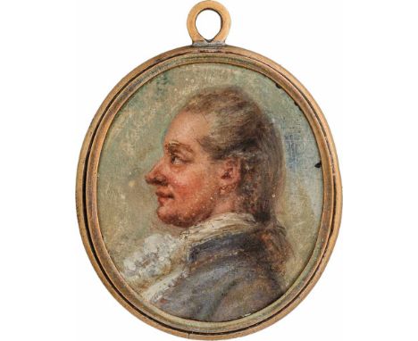   Deutsch: um 1770/1780. Miniatur Profil Portrait eines jungen Mannes in fliederfarbener Jacke, plus 2 Beigaben  um 1770/1780