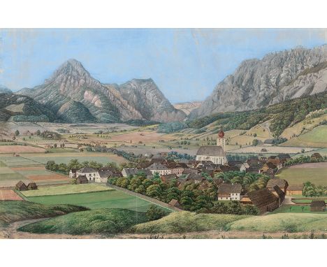   Österreichisch: 1840. Blick auf ein Dorf in Kärnten oder in der Steiermark  1840. Blick auf ein Dorf in Kärnten oder in der