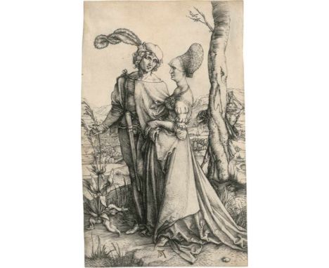   Dürer, Albrecht: Der Spaziergang  Der Spaziergang. Kupferstich. 19,6 x 12 cm. Um 1498. Meder 83 b-c (von k, II).      Das H