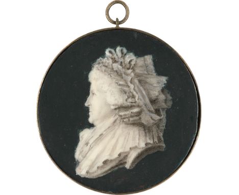   Deutsch: um 1790. Miniatur Profilbildnis einer Frau nach links, in Grisaille auf blauem Grund  um 1790. Miniatur Profil Por