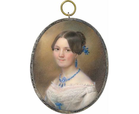   Kordik (auch Kordyk), Georg: Miniatur Portrait der jungen Maria Christovna Perné in weißem Kleid mit blauem Schmuck  Miniat