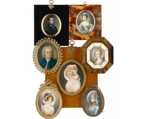   Englisch: um 1830/1840. Miniatur Portrait eines schwarz gekleideten jungen Mannes mit gestreifter blauer Halsbinde  um 1830