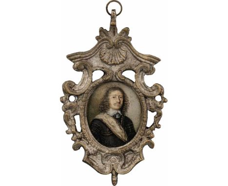   Englisch: um 1650. Miniatur Portrait eines Mannes in schwarzer Rüstung mit weißer Schärpe  um 1650. Miniatur Portrait eines