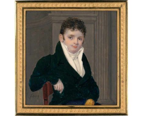   Fribourg, Denis-Huguenot: Miniatur Portrait eines jungen Mannes mit rechtem Arm auf Stuhllehne  Miniatur Portrait eines jun