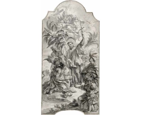  Göz, Gottfried Bernhard: Hl. Franz Xaver  Der hl. Franz Xaver.  Feder in Braun und Grau, grau laviert, weiß gehöht. 20,1 x 